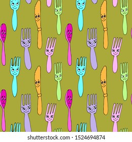 Vector seamless pattern with funny cutlery. Comic and funny knives, forks, and spoons. Hand drawn illustration of cutlery. Print on T-shirts, bags and other fashion products. 