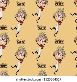 Vector seamless pattern with funny cutlery. Comic and funny forks with hat-pasta. Hand drawn illustration of cutlery. Print on T-shirts, bags and other fashion products. 