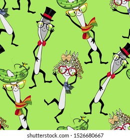 Vector seamless pattern with funny cutlery. Comic and funny knives, forks, and spoons with hat-cucumber. Hand drawn illustration of cutlery. Print on T-shirts, bags and other fashion products. 