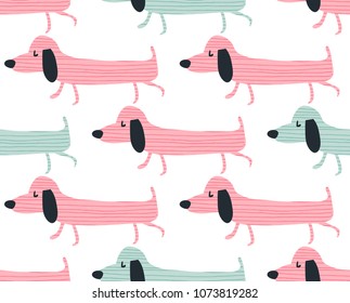 vector seamless pattern, funny dachshund dogs