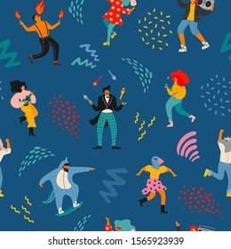 Vector seamless pattern with funny dancing men and women in bright modern costumes. Design element for carnival concept and other use.