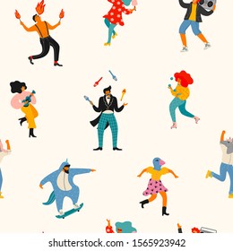 Vector seamless pattern with funny dancing men and women in bright modern costumes. Design element for carnival concept and other use.