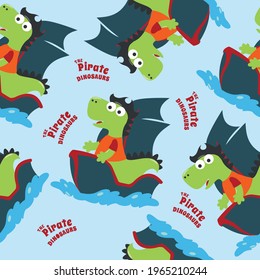 Vector seamless pattern with funny dinosaur pirate cartoon, Cute Marine pattern for fabric, textile, nursery, baby clothes, background, textile, wrapping paper and other decoration.