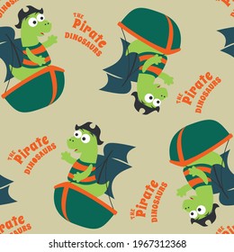 Vector seamless pattern with funny dinosaur pirate cartoon, Cute Marine pattern for fabric, textile, nursery, baby clothes, background, textile, wrapping paper and other decoration.