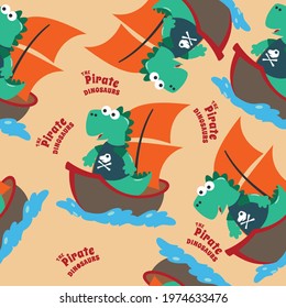 Vector seamless pattern with funny dinosaur pirate cartoon, Cute Marine pattern for fabric, textile, nursery, baby clothes, background, textile, wrapping paper and other decoration.