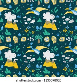 Vector seamless pattern with funny dinosaurs in cartoon style. Perfect for cards, invitations, party, banners, kindergarten, baby shower, preschool and children room decoration