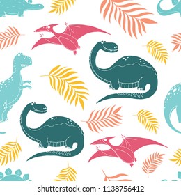 Vector seamless pattern with funny dinosaurs in cartoon style. Perfect for cards, invitations, party, banners, kindergarten, baby shower, preschool and children room decoration