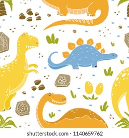 Vector seamless pattern with funny dinosaurs in cartoon style. Perfect for cards, invitations, party, banners, kindergarten, baby shower, preschool and children room decoration