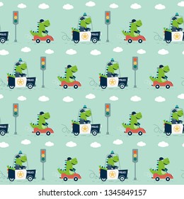 Vector seamless pattern with funny dinosaurs. Cute dinosaur policeman riding a police car and funny dinosaur with car