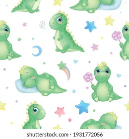 Vector seamless pattern with funny dinosaurs, stars and candy sleeping, sitting cartoon watercolor cute baby dinosaur. For cards, invitations, wallpaper.