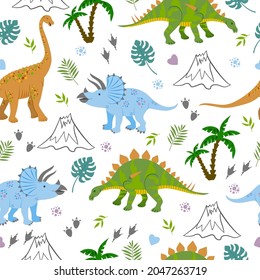 Vector seamless pattern with funny dinosaurs, palms, volcanoes. Doodle funny animal design for baby textiles. Cartoon dinosaurs.