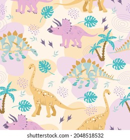 Vector seamless pattern with funny dinosaurs, palms, volcanoes. Doodle funny animal design for baby textiles. Cartoon dinosaurs.