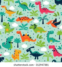 Vector seamless pattern with funny dinosaurs, clouds and trees. Ideal for cards, invitations, wallpaper, web page backgrounds, textile industry, kindergarten, preschool and children room decoration.