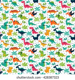 Vector seamless pattern with funny dinosaurs, clouds and trees. Ideal for cards, invitations, wallpaper, web page backgrounds, textile industry, kindergarten, preschool and children room decoration