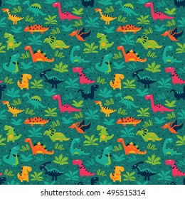 Vector seamless pattern with funny dinosaurs, clouds and trees. Ideal for cards, invitations, wallpaper, web page backgrounds, textile industry, kindergarten, preschool and children room decoration
