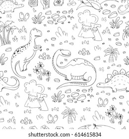 Vector seamless pattern with funny dinosaurs in cartoon style. Perfect for cards, invitations, party, banners, kindergarten, baby shower, cloring book, children room decoration