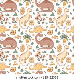 Vector seamless pattern with funny dinosaurs in cartoon style. Perfect for cards, invitations, party, banners, kindergarten, baby shower, preschool and children room decoration