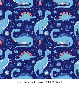 Vector seamless pattern with funny dinosaurs in cartoon style. Perfect for cards, invitations, party, banners, kindergarten, baby shower, preschool and children room decoration