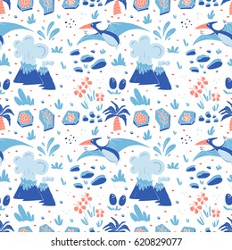 Vector seamless pattern with funny dinosaurs in cartoon style. Perfect for cards, invitations, party, banners, kindergarten, baby shower, preschool and children room decoration