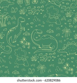 Vector seamless pattern with funny dinosaurs in cartoon style. Perfect for cards, invitations, party, banners, kindergarten, baby shower, coloring book, children room decoration