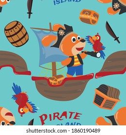 Vector seamless pattern with funny dog pirate cartoon, Cute Marine pattern for fabric, textile, nursery, baby clothes, background, textile, wrapping paper and other decoration.