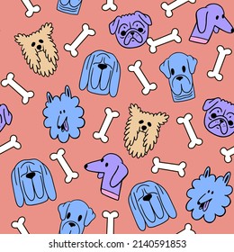 Vector seamless pattern with funny dog faces isolated on pink background. Yorkshire Terrier, labrador, pug, poodle, san bernard. Cartoon style. Dog pattern, perfect for textile, wallpaper, fabric.