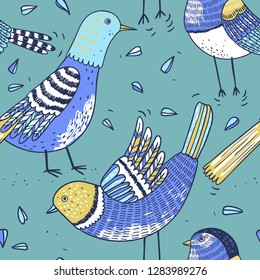 vector seamless pattern with funny doves and seeds