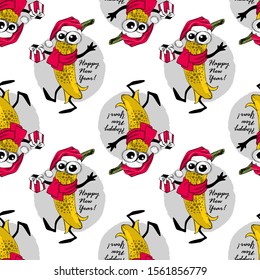 Vector seamless pattern. Funny dressed banana. Comic banana with Santa hat and a gift. Happy New Year.