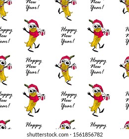 Vector seamless pattern. Funny dressed banana. Comic banana with Santa hat and a gift. Happy New Year.