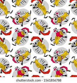 Vector seamless pattern. Funny dressed banana. Comic banana with Santa hat and a gift. Happy New Year.