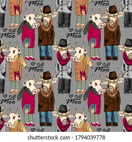 Vector seamless pattern with funny dressed cows. Vector cows with scarves and hats. Print on textile, wrapping and other fashion products.