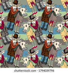 Vector seamless pattern with funny dressed cows. Vector cows with scarves and hats. Print on textile, wrapping and other fashion products.