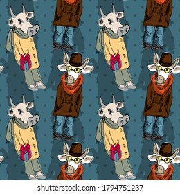 Vector seamless pattern with funny dressed cows. Vector cows with scarves and hats. Print on textile, wrapping and other fashion products.