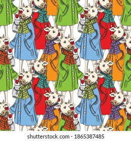 Vector seamless pattern with funny dressed cow. Vector cows with scarf, coat and bag. Print on textile, wrapping and other fashion products.