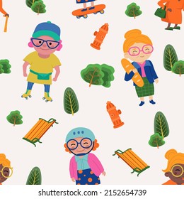 Vector seamless pattern with funny elderly grandmothers. 