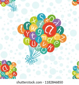 Vector seamless pattern - funny english alphabet. Hand drawn chalk like letters in colorful air balloons.