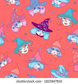 Vector seamless pattern with funny faces of yong girls in witch hats. Flat vector details isolated on background.