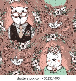 vector seamless pattern with the funny family portraits of cute cats