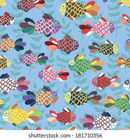 Vector seamless pattern with funny fish on the blue background
