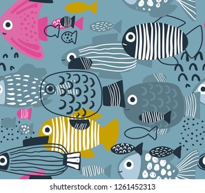 Vector seamless pattern with funny fishes in abstract style