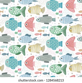 Vector seamless pattern with funny fishes in abstract style