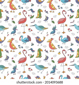 Vector seamless pattern of funny flat birds on a white background