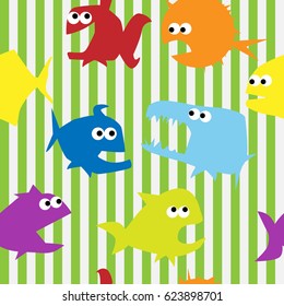 Vector seamless pattern with funny flat sea life illustration for kids design - colorful abstract fish set. Backdrop with ocean animals in simple style, background elements