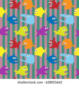 Vector seamless pattern with funny flat sea life illustration for kids design - colorful abstract fish set. Backdrop with ocean animals in simple style, background elements