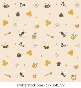 Vector seamless pattern with funny flying bees, daisies and drops of honey, honey spoon, jars and mugs with honey.