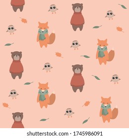 Vector seamless pattern with funny foxes, bears and small owls. Autumn theme. Peach background