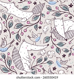 vector seamless pattern with funny foxes, birds and cherry branches