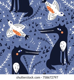 vector seamless pattern with funny foxes and flying birds