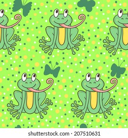 Vector seamless pattern with funny frogs and butterflies. Bright texture with hand drawing cartoon characters.
