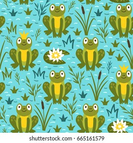 Vector seamless pattern with funny frogs. Childish repeated texture with smiling cartoon characters.